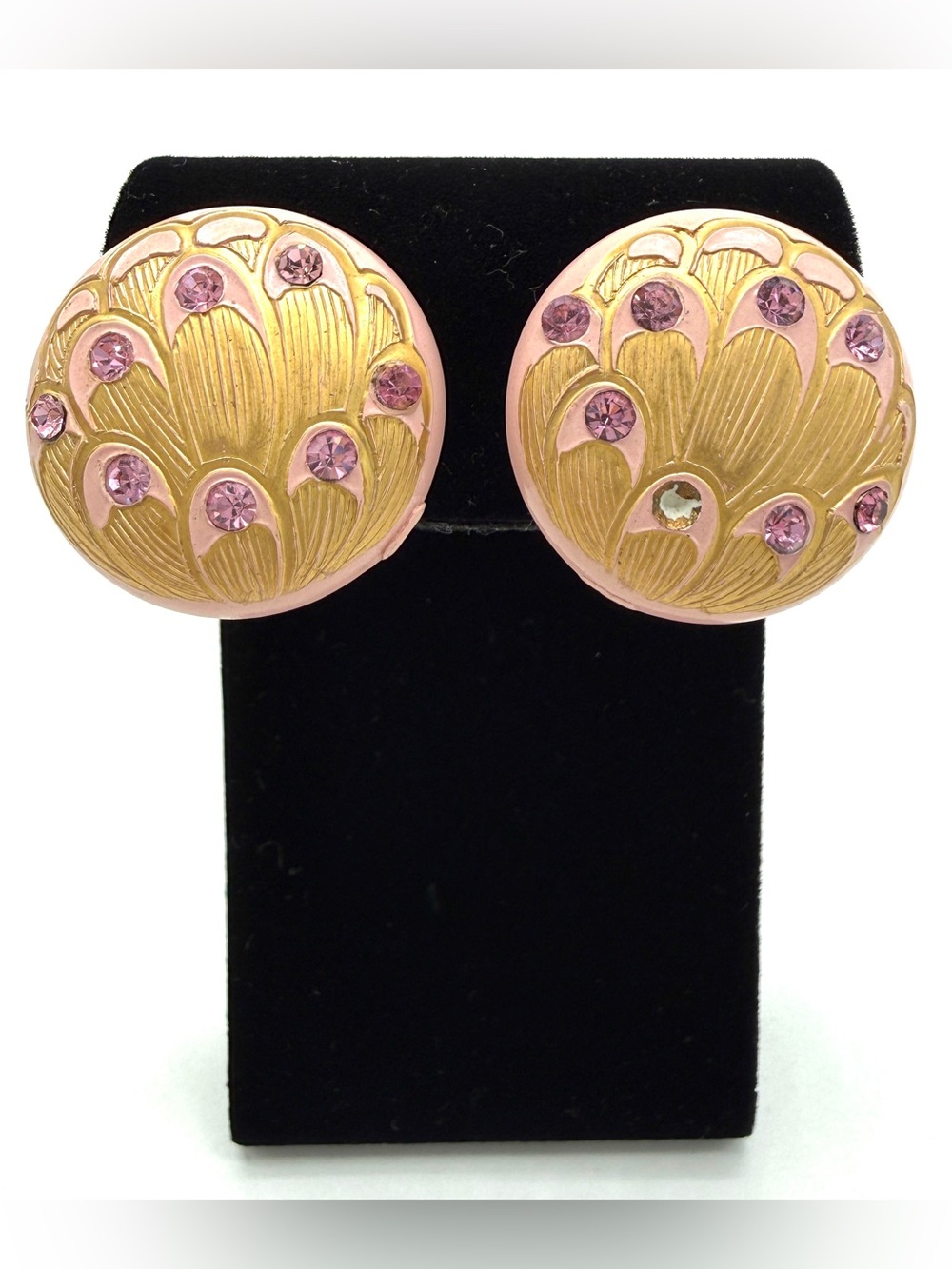 Vintage Pink and Gold Floral Crystal Button Clip On Earrings